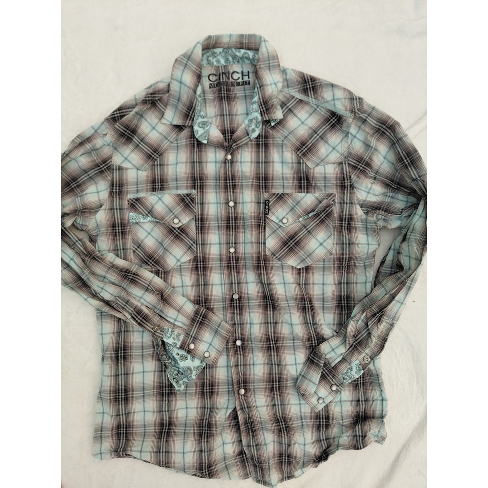 Cinch Modern Fit Western Shirt Mens L Plaid Pearl Snap Long Sleeve Blue Brown